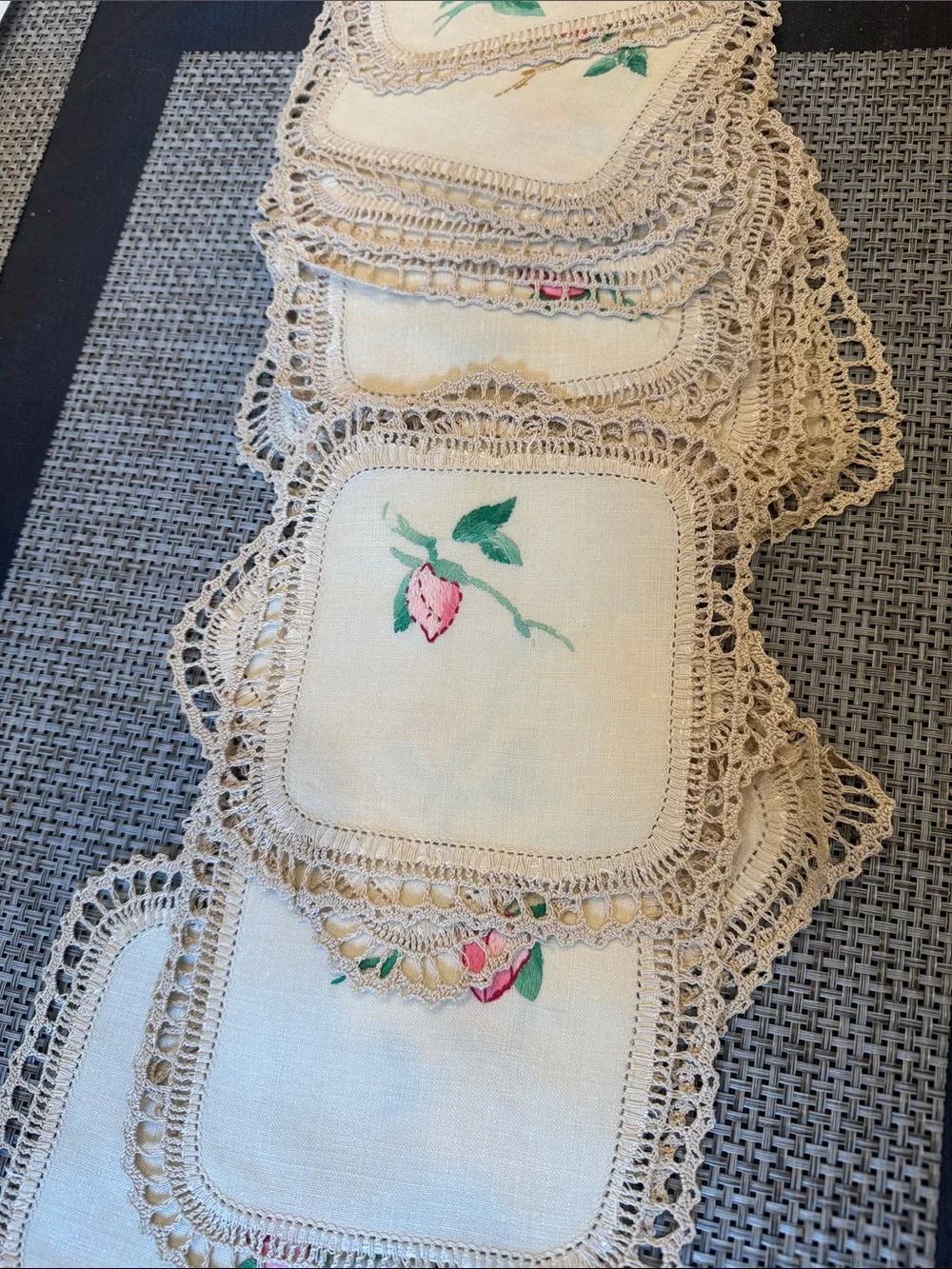 Vintage 24 Hand-Embroidered Pink Rose Linen Doily - Vintage Style